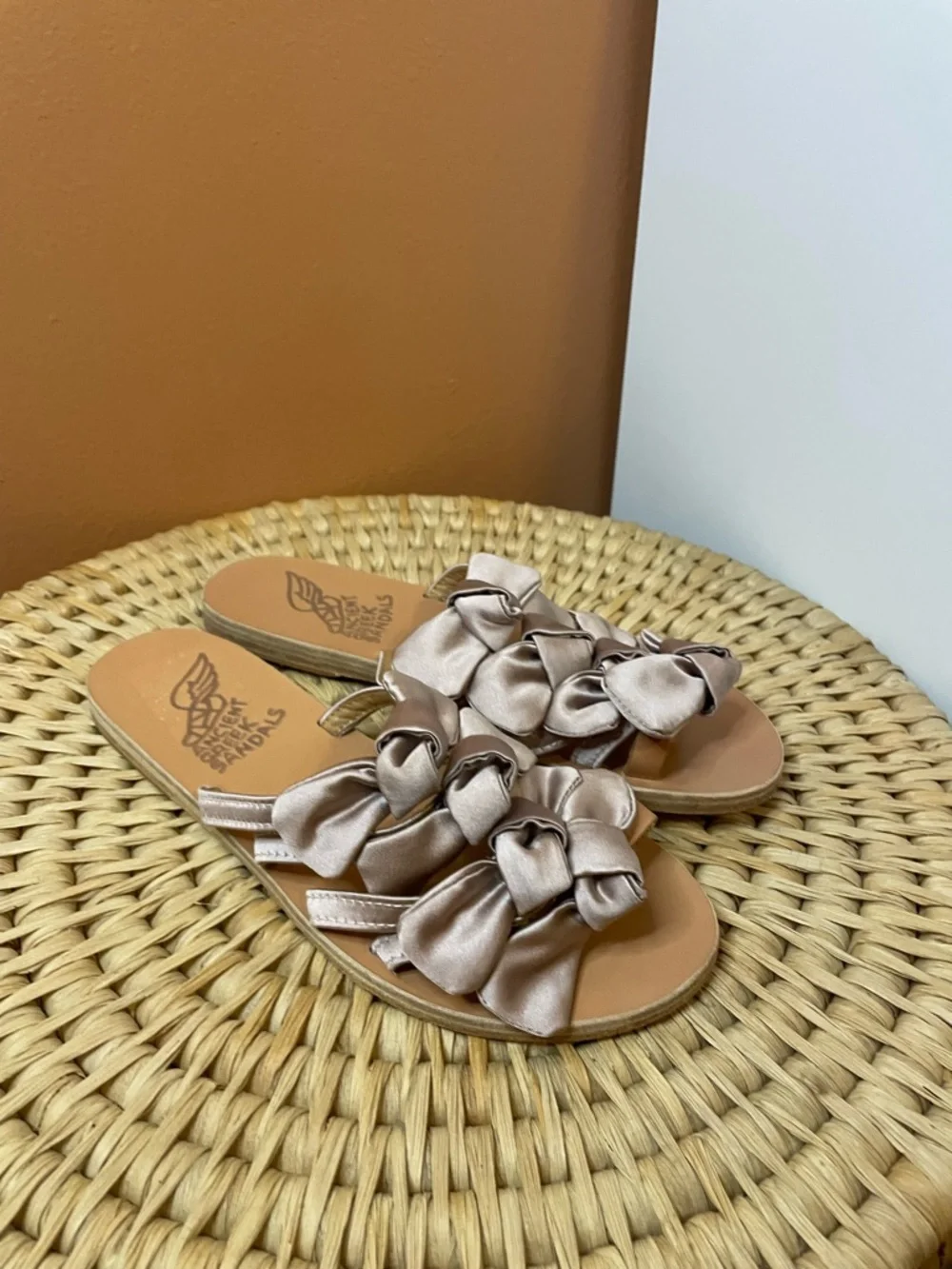 Ancient Greek Sandals Hara Natural Lotus Satin Flats in Rose Taupe Size 37
